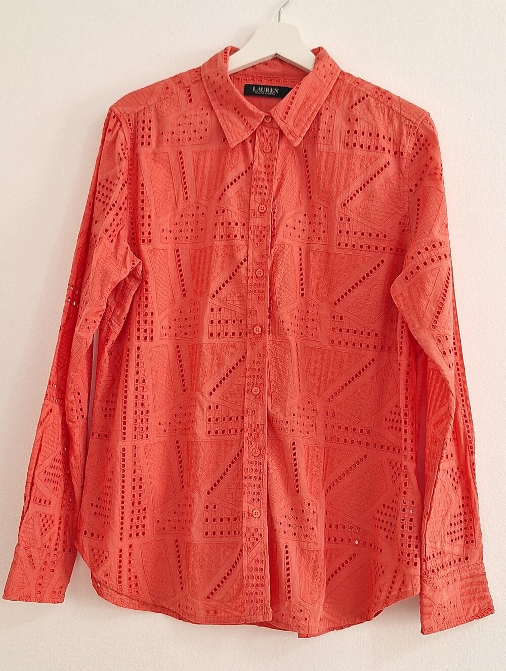 Ralph Lauren Coral Eyelet Geometric Button-Down Shirt